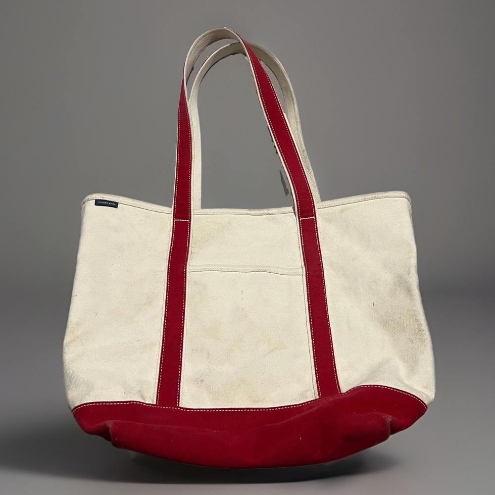 Lands End White Red Handles Natural Canvas Boat Multi Pocket Large Tote Bag